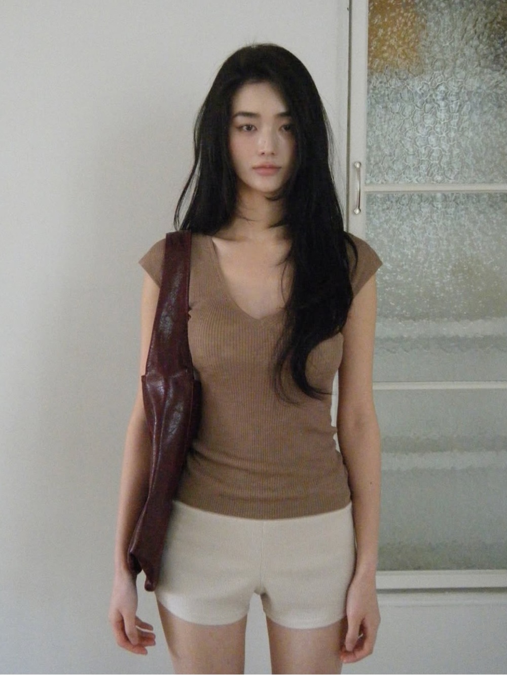 Ribbed V-Neck Cap Sleeve Top in White Ivory